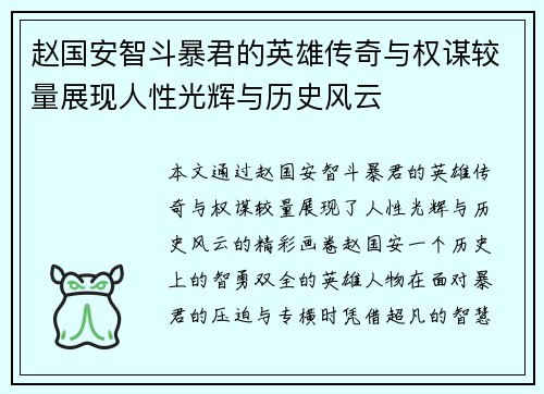 赵国安智斗暴君的英雄传奇与权谋较量展现人性光辉与历史风云
